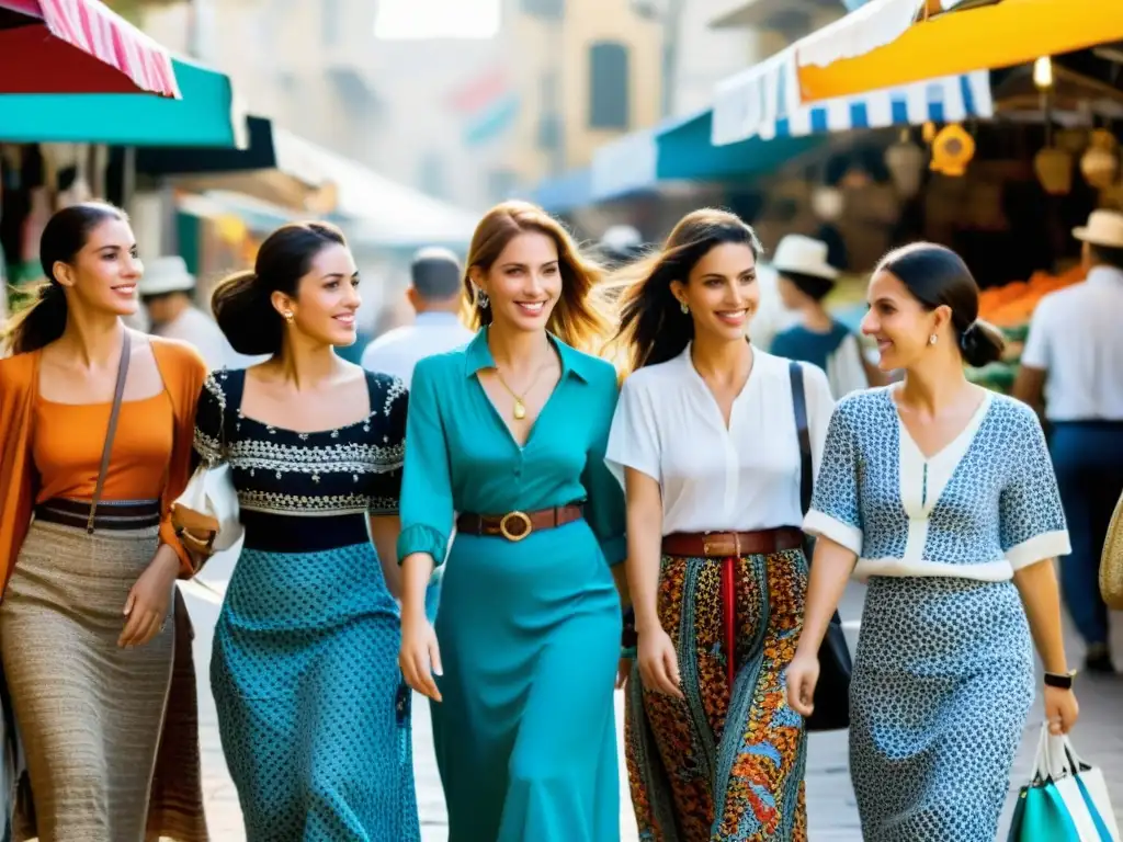 Un grupo de mujeres elegantes pasea por un bullicioso mercado en Tel Aviv, luciendo una mezcla de moda tradicional y contemporánea de Israel