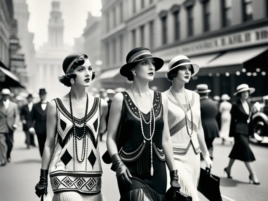 Grupo de mujeres elegantes paseando por la ciudad en los años 20, reflejando la moda y el art déco