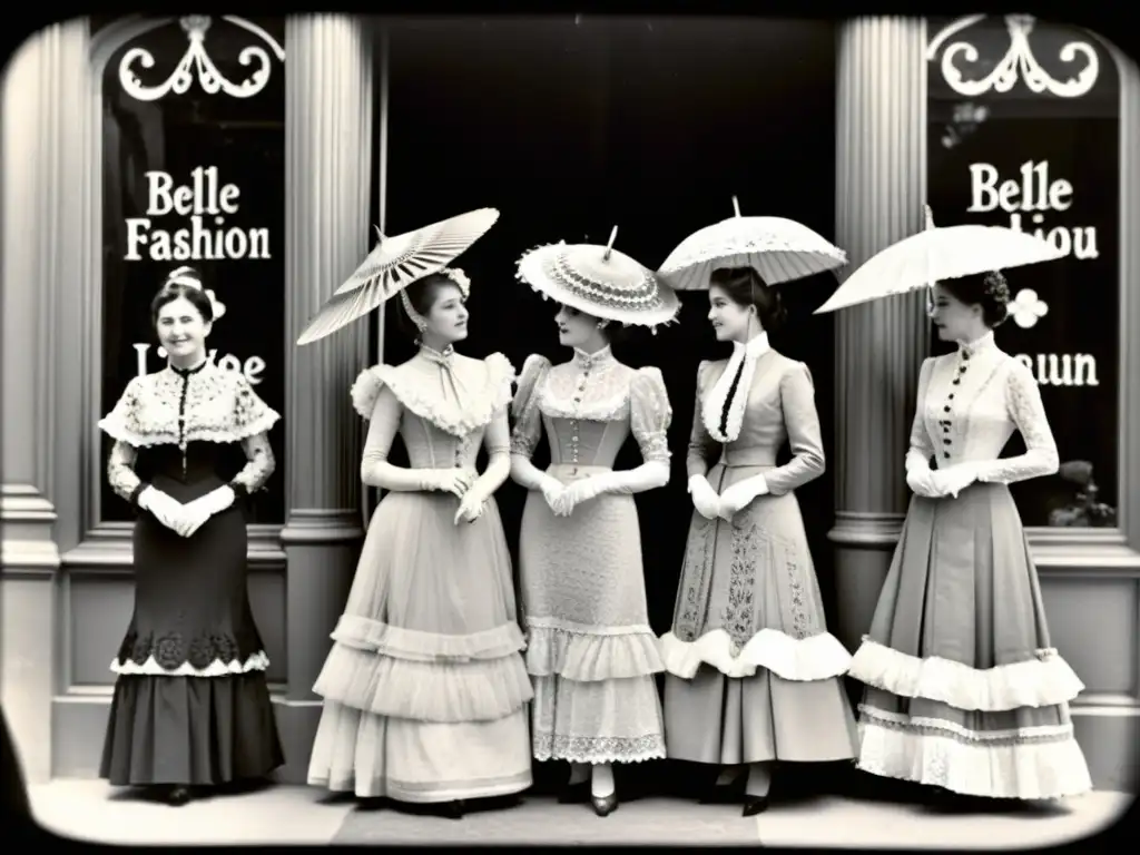 Grupo de mujeres elegantes en la Belle Époque frente a una casa de moda parisina, destacando las siluetas y detalles de la moda de la época