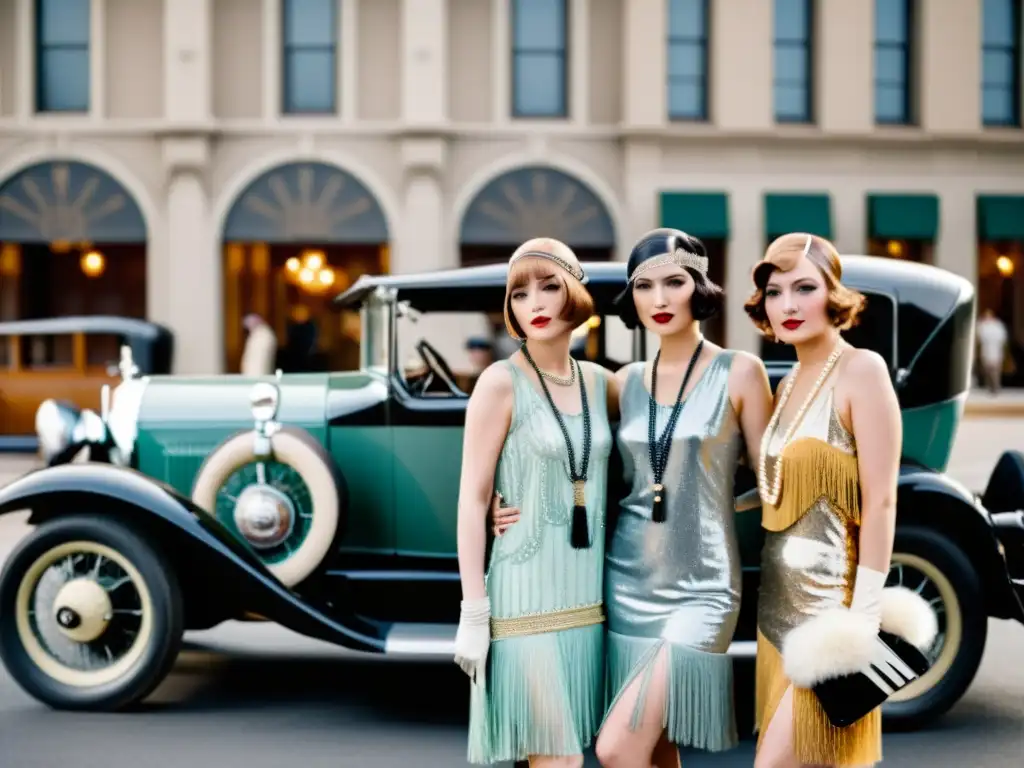 Grupo de mujeres elegantes estilo años 20, junto a un auto vintage en la ciudad