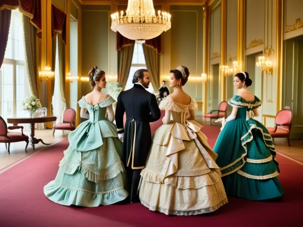 Grupo de mujeres elegantes en un lujoso salón del siglo XIX, capturando la evolución de la silueta de la moda femenina