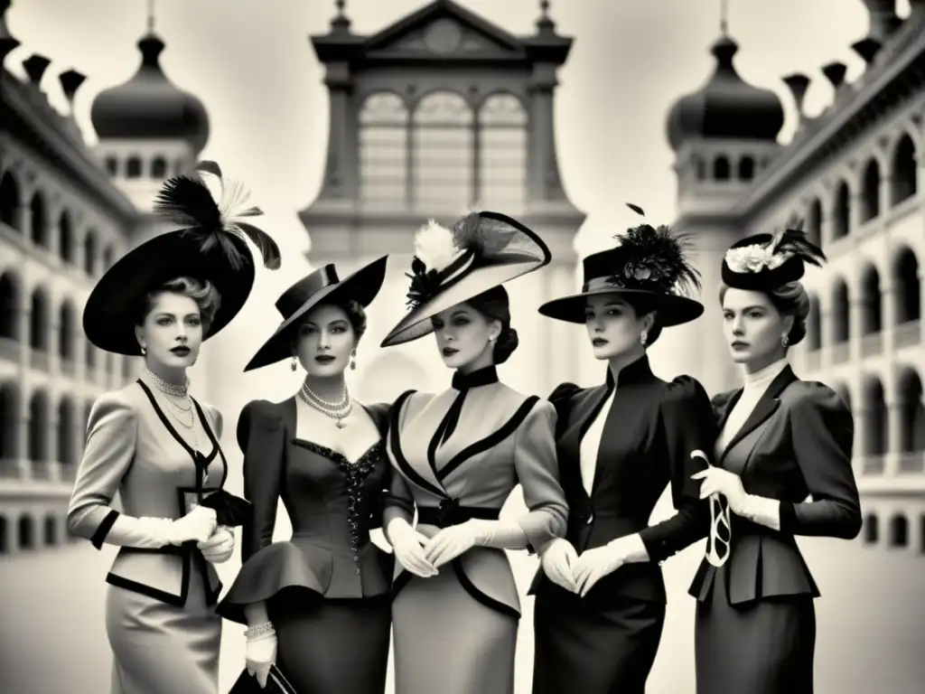 Grupo de mujeres elegantes de la Belle Époque, con siluetas icónicas y fondo arquitectónico impresionante