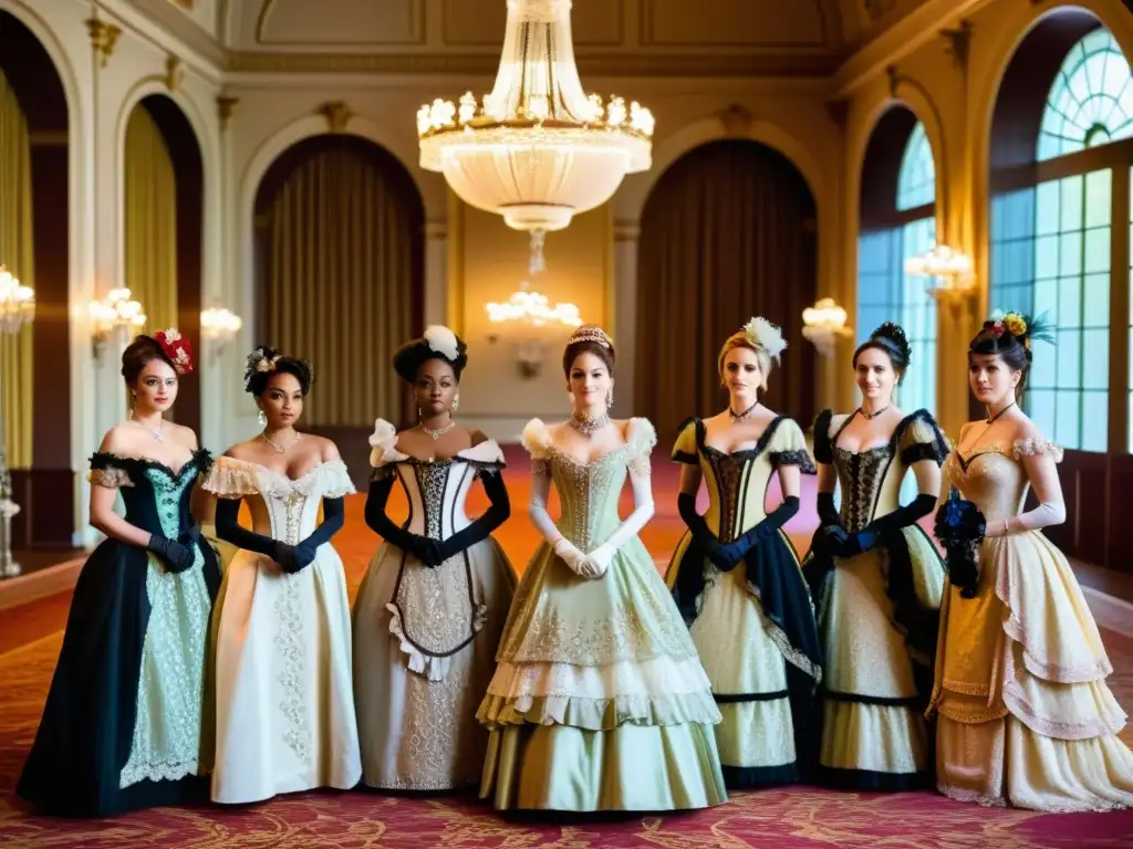 Grupo de mujeres con elegantes trajes victorianos en un lujoso salón, encarnando el resurgimiento de la moda victoriana