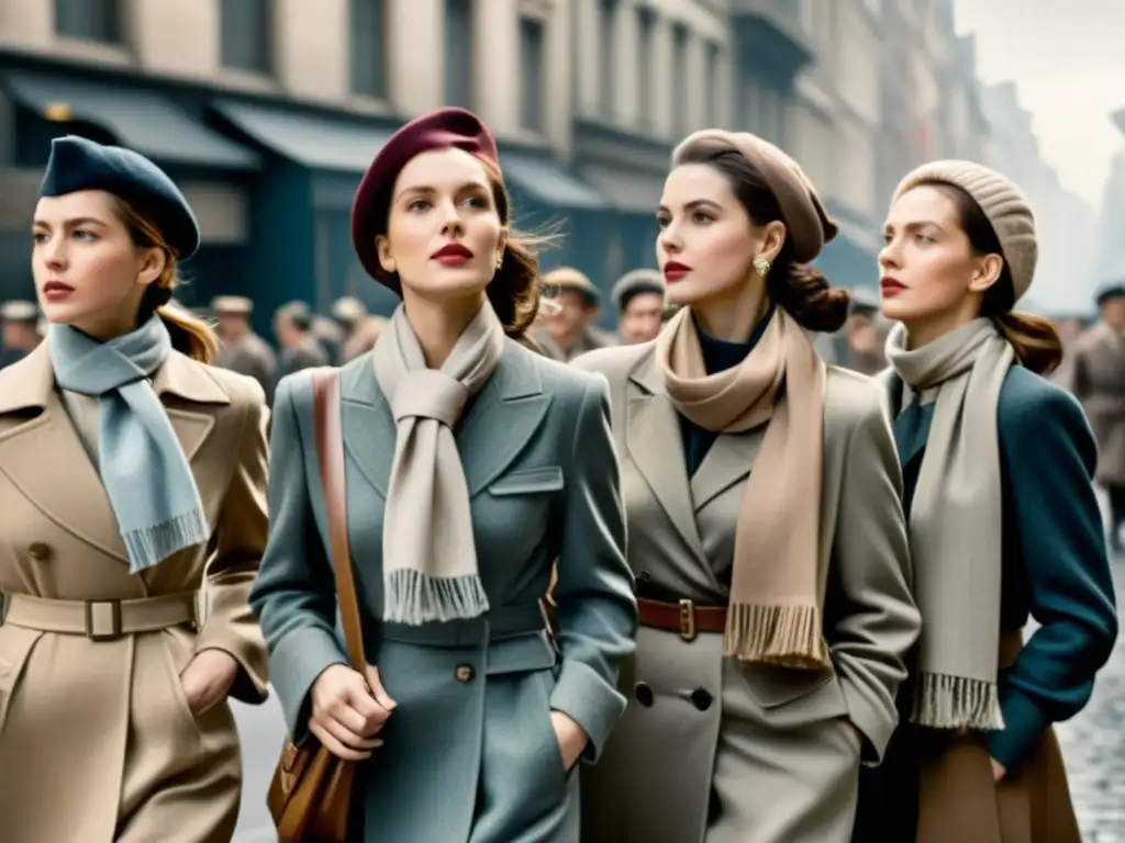 Un grupo de mujeres con estilo y determinación caminan por la ciudad en tiempos de guerra