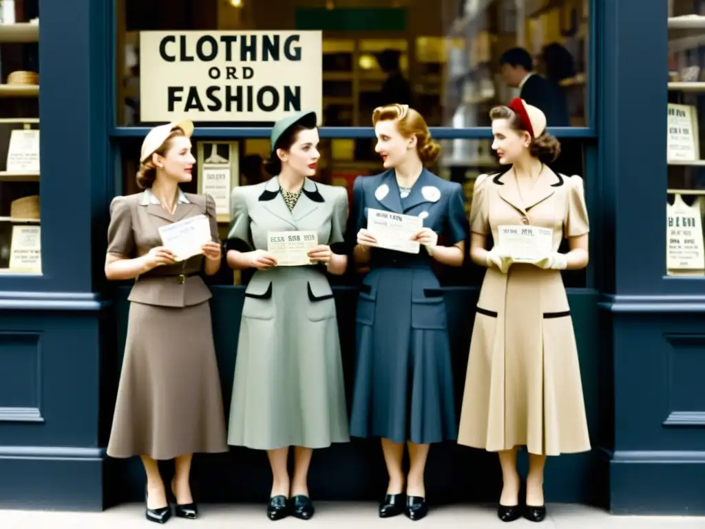 Grupo de mujeres europeas en la década de 1940 haciendo fila frente a una tienda de ropa, con expresión determinada y vistiendo ropa de racionamiento, mostrando el impacto cultural en la moda europea durante la guerra