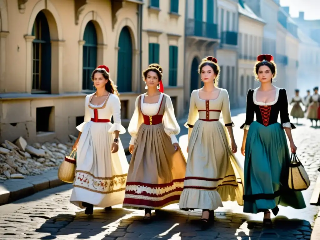 Un grupo de mujeres europeas pasea con elegancia en una calle devastada por las guerras napoleónicas, destacando la moda europea de la época