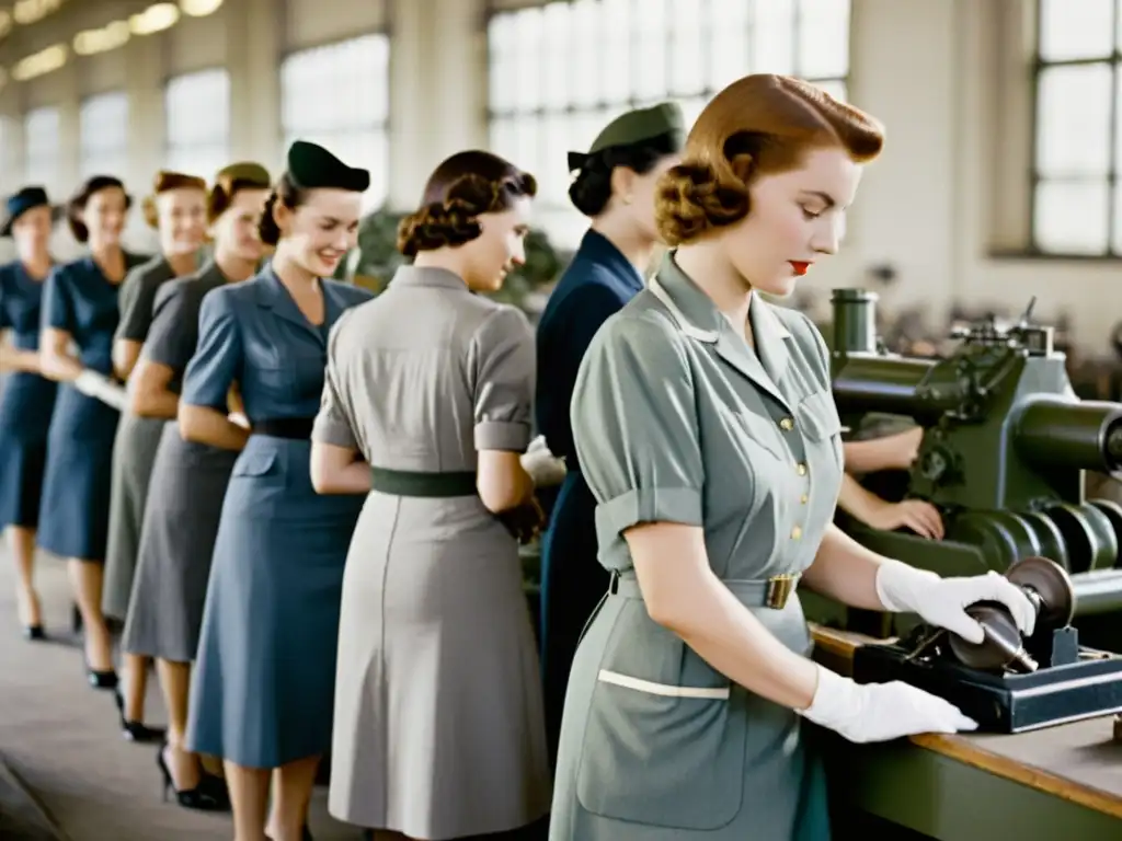 Grupo de mujeres trabajando en una fábrica de municiones durante la Segunda Guerra Mundial, luciendo vestidos de moda funcional y resistente