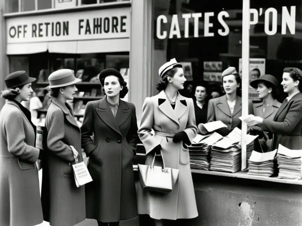 Grupo de mujeres en 1940s Europa frente a tienda de ropa, impacto cultural moda europea