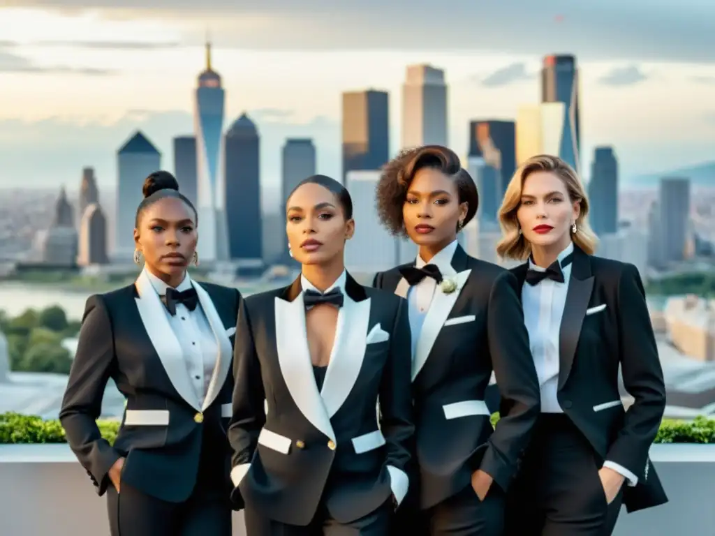 Un grupo de mujeres fuertes desafía normas con elegantes esmoquines, frente al horizonte urbano