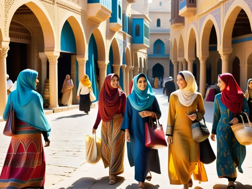 Un grupo de mujeres viste hijabs y ropa tradicional del Medio Oriente con impactante paleta de colores en un bullicioso mercado, creando un mosaico cultural