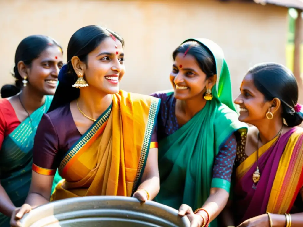 Un grupo de mujeres indias viste saris coloridos, conversando junto al pozo en una aldea, mostrando la historia del sari en India