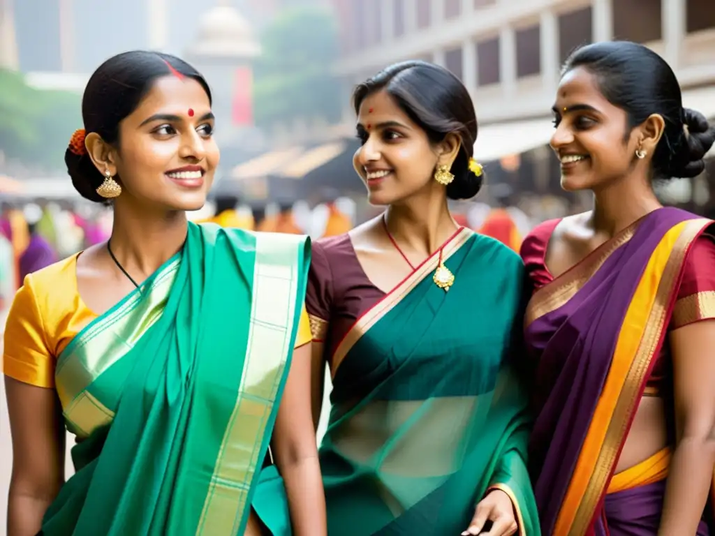 Un grupo de mujeres indias llevando saris modernos y coloridos en una plaza de la ciudad