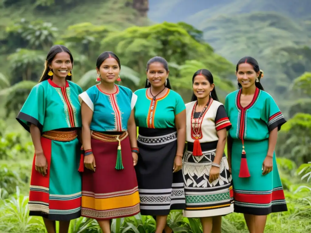 Grupo de mujeres indígenas con atuendos tradicionales, exudando orgullo y tradición, en un entorno natural exuberante