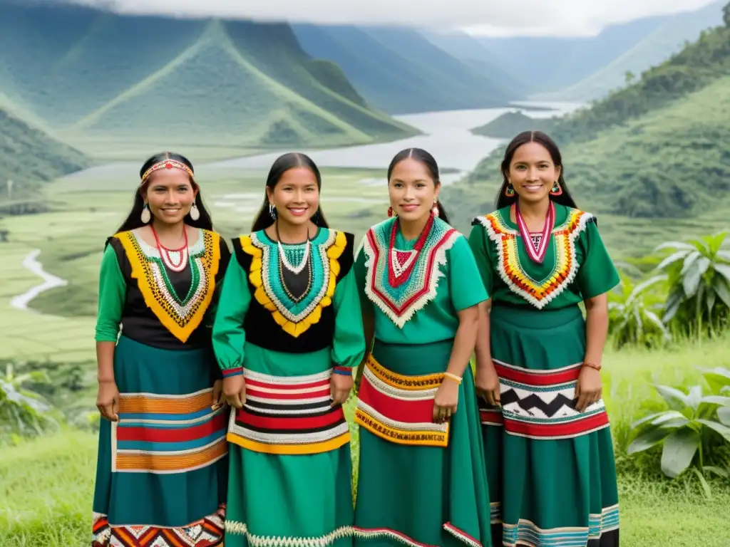 Un grupo de mujeres indígenas con atuendos tradicionales coloridos y detallados, destacándose contra un fondo de montañas verdes exuberantes