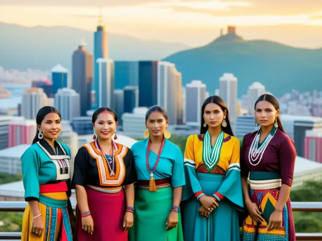 Grupo de mujeres indígenas muestra equilibrio entre tradición y modernidad en sus coloridos atuendos frente a la ciudad