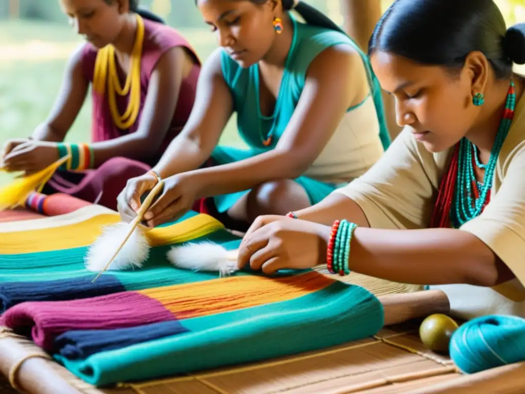 Grupo de mujeres indígenas tejiendo tejidos biodegradables en un claro del bosque, rodeadas de colores naturales y luz solar