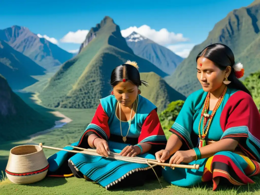 Grupo de mujeres indígenas tejiendo en telar tradicional, luciendo moda indígena conservación cultural en paisaje montañoso y cielo azul