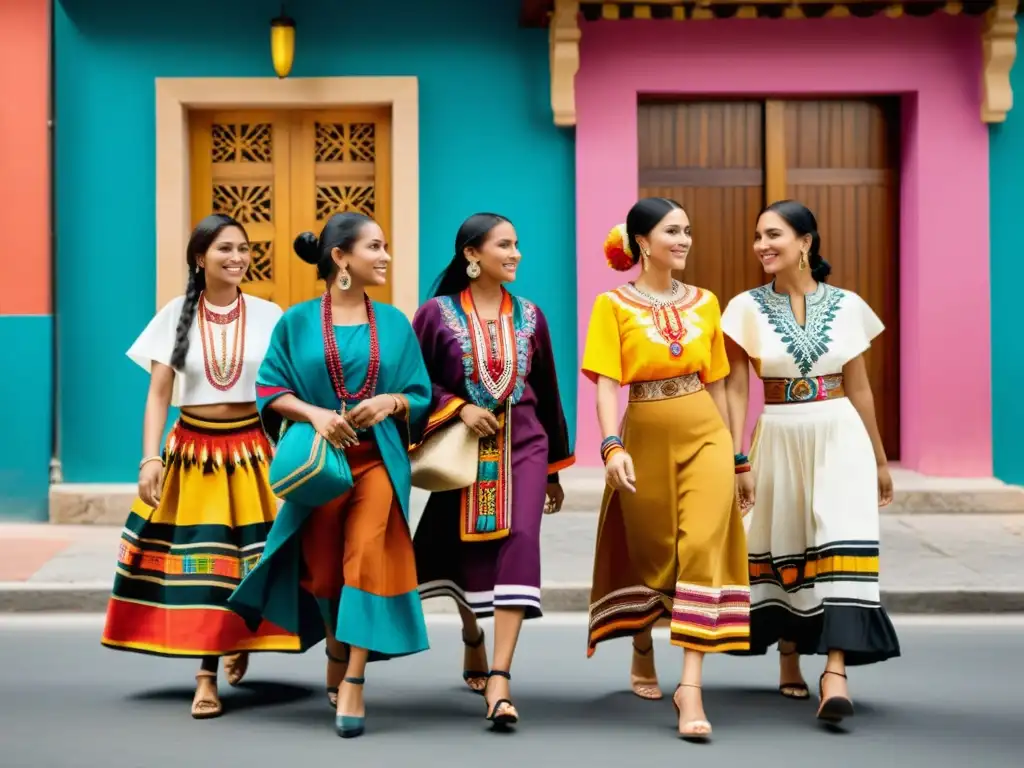 Grupo de mujeres indígenas caminando con textiles tradicionales y accesorios modernos en la ciudad, representando el equilibrio entre tradición y modernidad en la moda latinoamericana