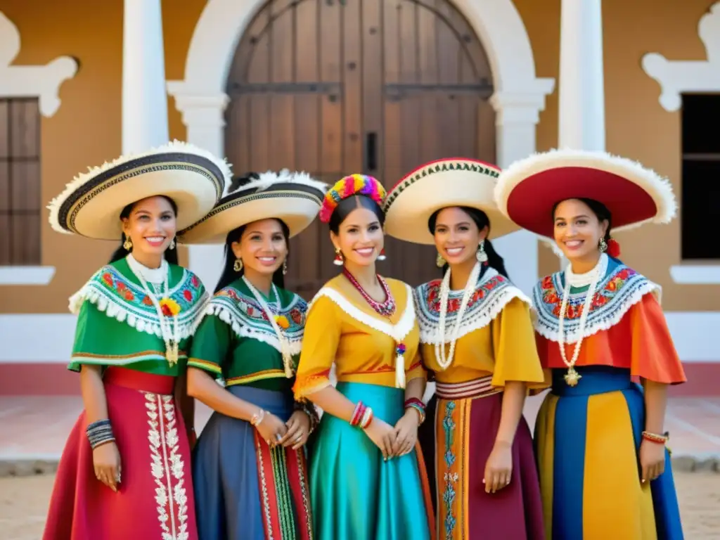 Un grupo de mujeres indígenas visten trajes coloniales con colores vibrantes y patrones, frente a un edificio colonial español