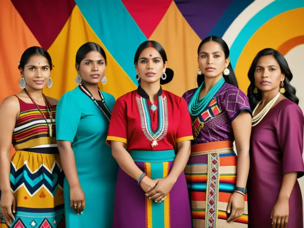 Grupo de mujeres indígenas vistiendo trajes tradicionales, exhibiendo la importancia de la moda étnica en la preservación de identidades culturales