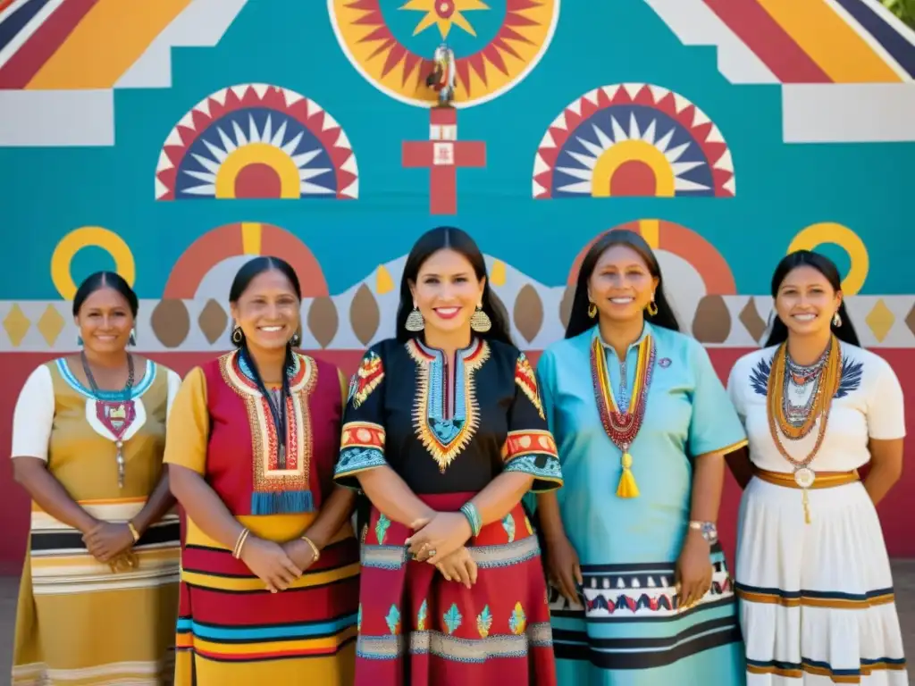 Grupo de mujeres indígenas con trajes tradicionales frente a mural vibrante que representa la importancia de la moda étnica en las identidades