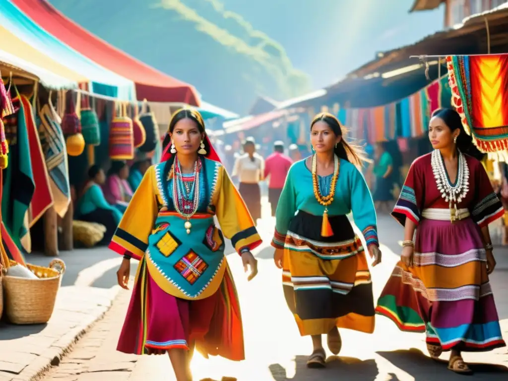 Grupo de mujeres indígenas con trajes coloridos en un mercado latinoamericano, reflejando la historia de la moda en Latinoamérica