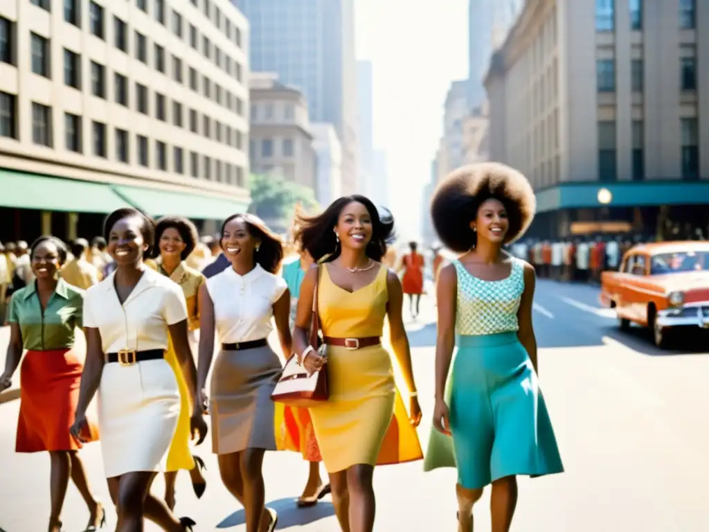 Grupo de mujeres jóvenes desfilando con confianza por la bulliciosa calle de la ciudad en los años 60, mostrando el impacto cultural de la minifalda con su vibrante actitud y estilo liberador