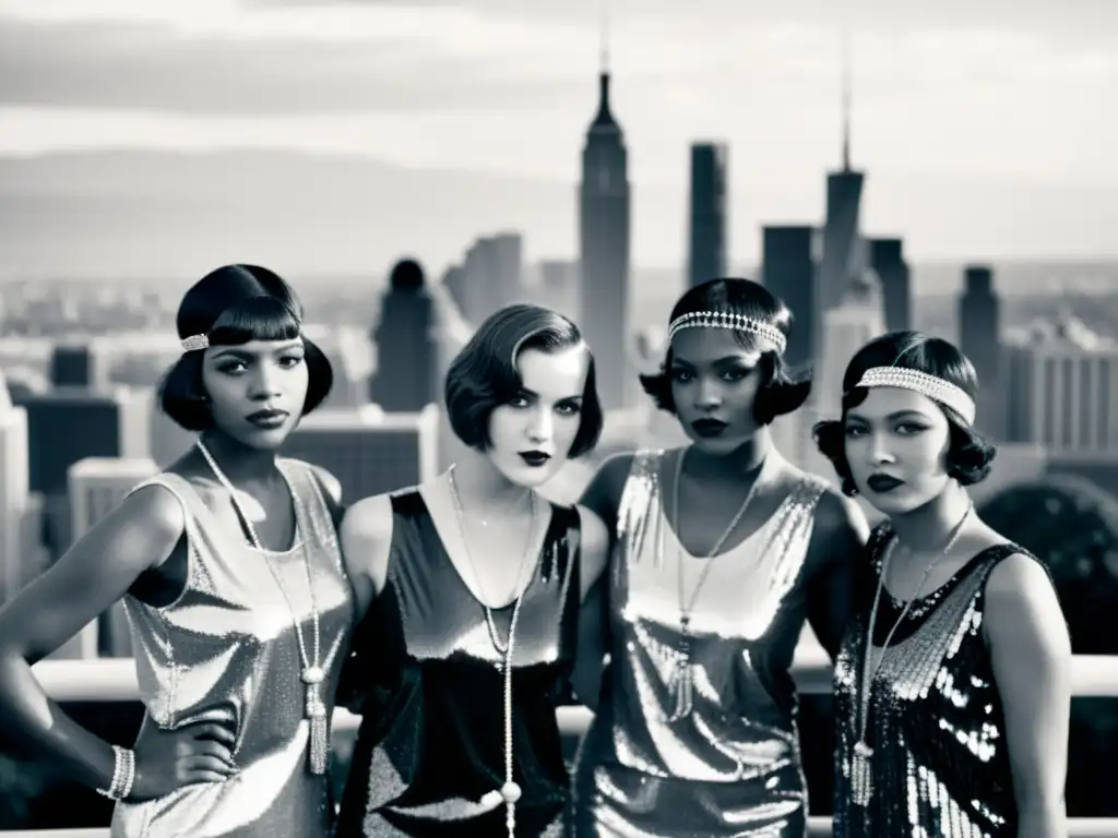 Flappers desafiantes en la ciudad Grupo de mujeres jóvenes desafiantes con impacto cultural flapper dress años 20, en la ciudad
