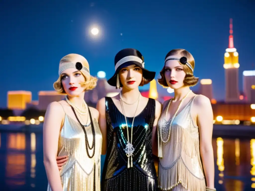 Grupo de mujeres jóvenes en moda de los años 20, frente a un horizonte urbano nocturno, reflejando la emancipación femenina a través de la moda