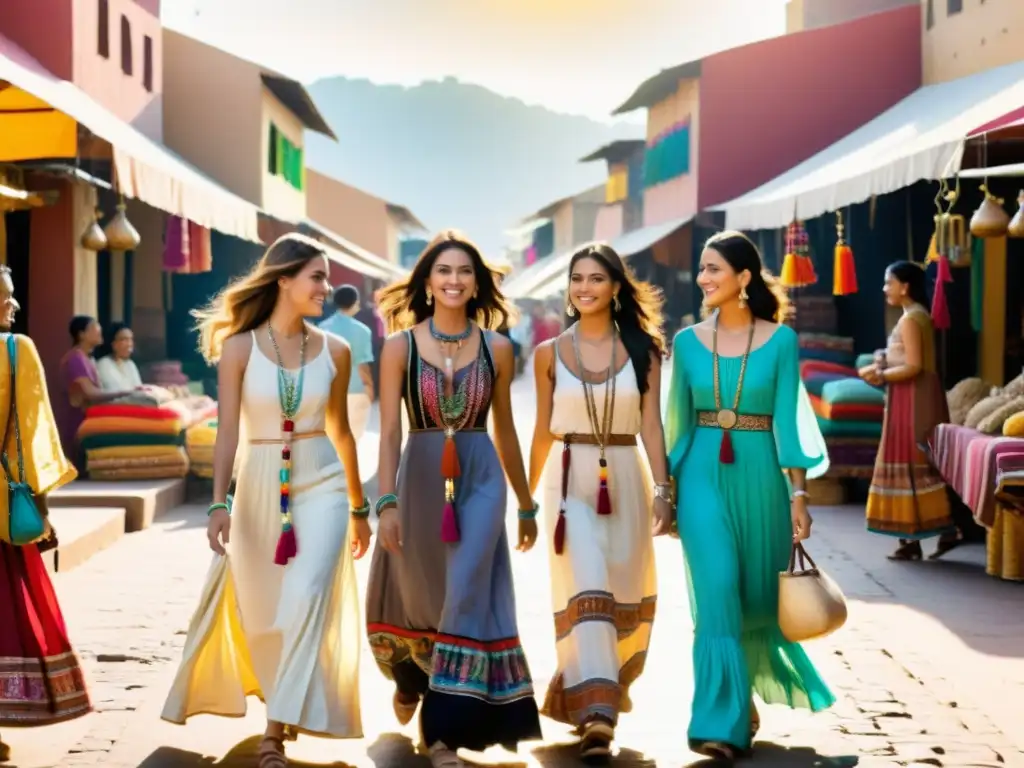 Grupo de mujeres jóvenes con vestidos bohemios y accesorios coloridos, paseando por un mercado vibrante