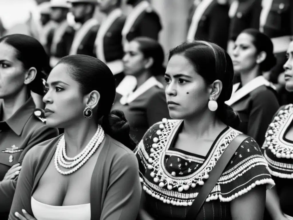 Grupo de mujeres latinoamericanas desafiantes frente a soldados, con vestimenta de resistencia en dictadura