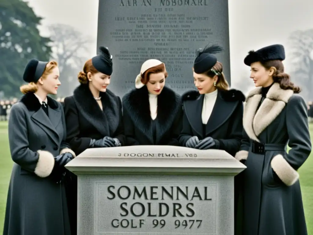 Grupo de mujeres en luto junto a un monumento de guerra, evocando el impacto de guerras en la moda luto de los años 40