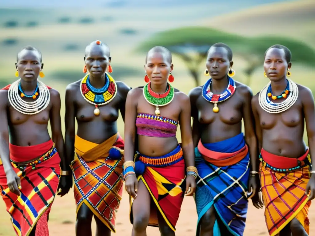 Grupo de mujeres Maasai danzando en vibrantes trajes tradicionales, expresando el significado de los diseños textiles moda Maasai