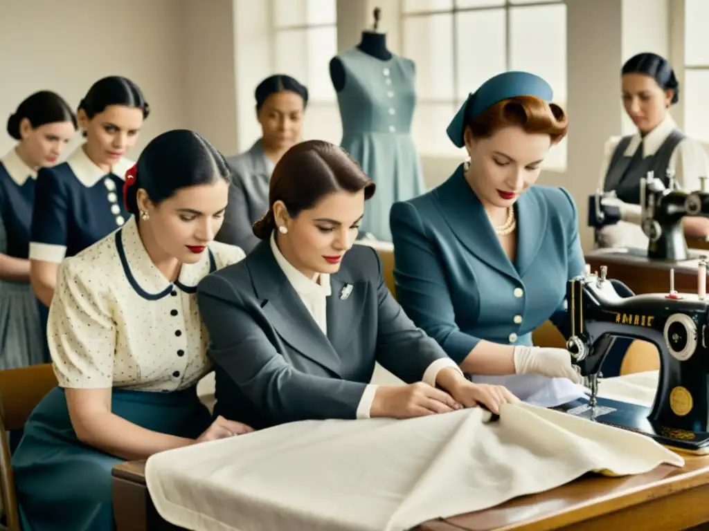 Grupo de mujeres con determinación cosiendo en máquina, reflejando la renovación de identidad nacional a través de la moda posguerra