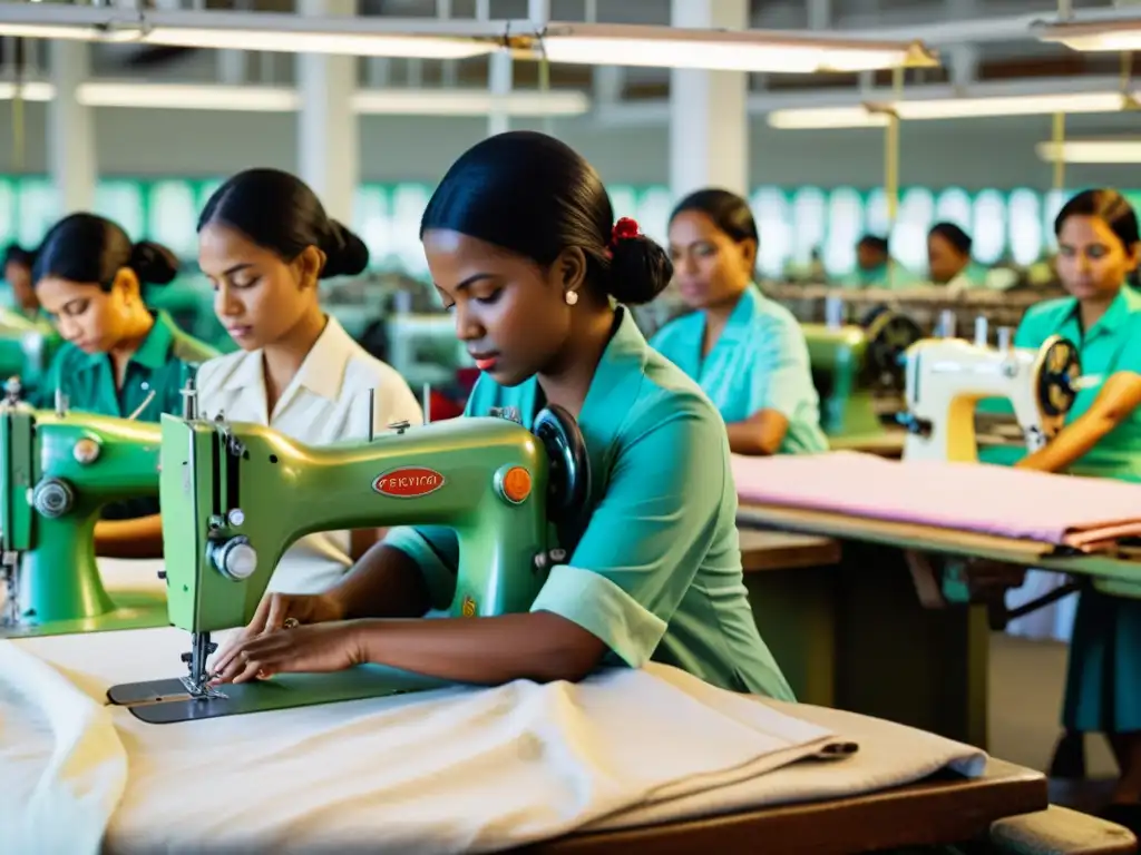 Un grupo de mujeres trabajando en máquinas de coser vintage en una fábrica textil, con un enfoque en el impacto cultural e histórico de la moda