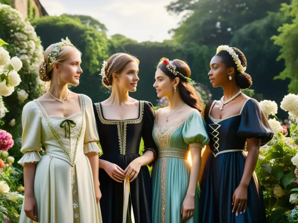 Un grupo de mujeres medievales visten elegantes vestidos y adornos florales en un jardín soleado