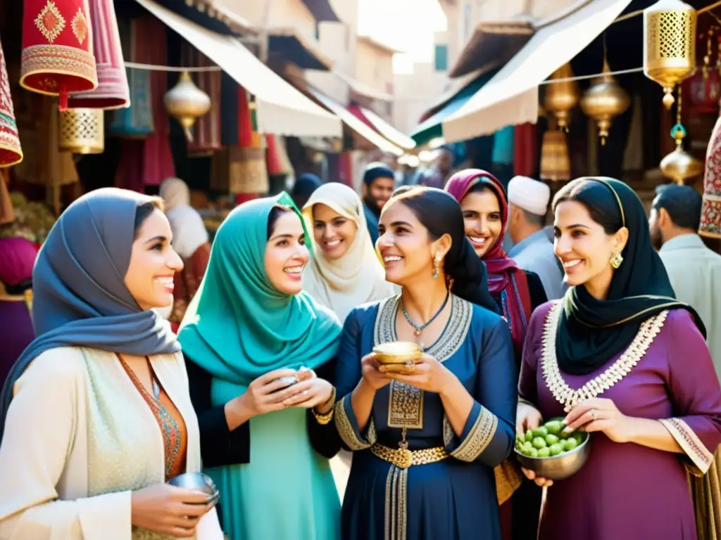 Grupo de mujeres en el mercado, vistiendo ropa tradicional del Islam Clásico, reflejando la riqueza cultural y la moda femenina en el Islam Clásico