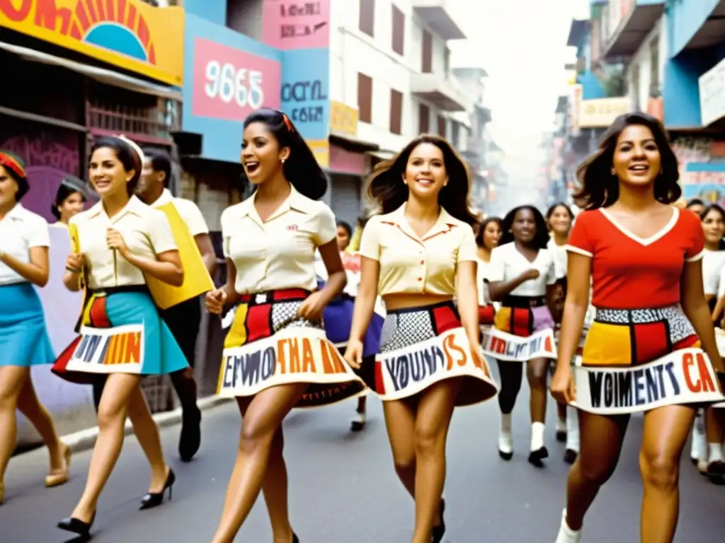 Grupo de mujeres con minifaldas marchando en una ciudad latinoamericana en los 60, con letreros de empoderamiento