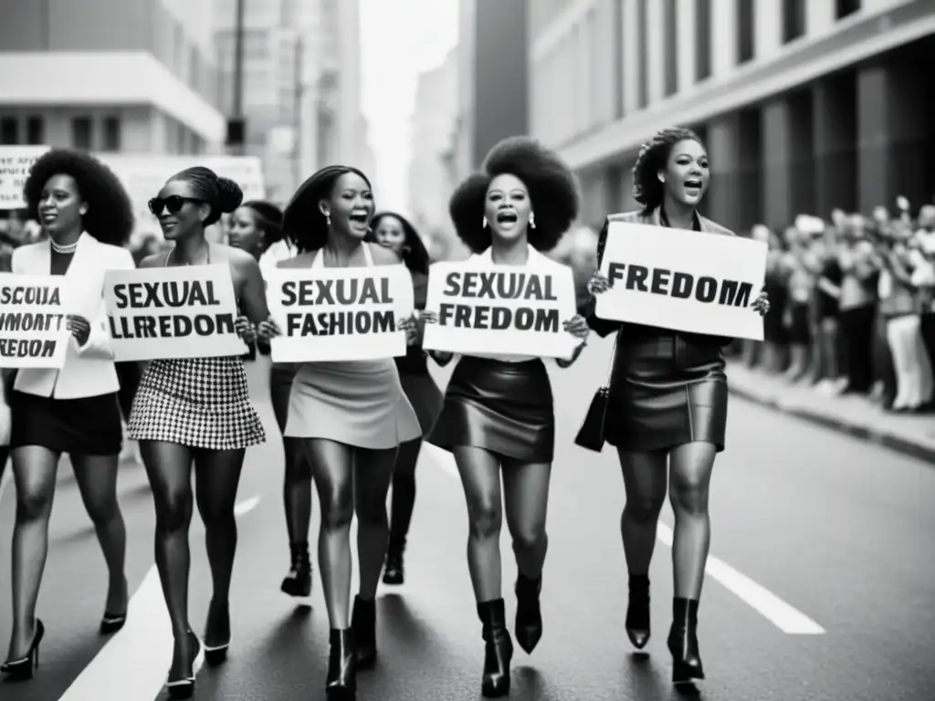 Marcha de mujeres en minifalda: liberación sexual y moda Grupo de mujeres marchando con minifaldas en protesta por la revolución sexual y la liberación de la moda, evocando la era de cambio social
