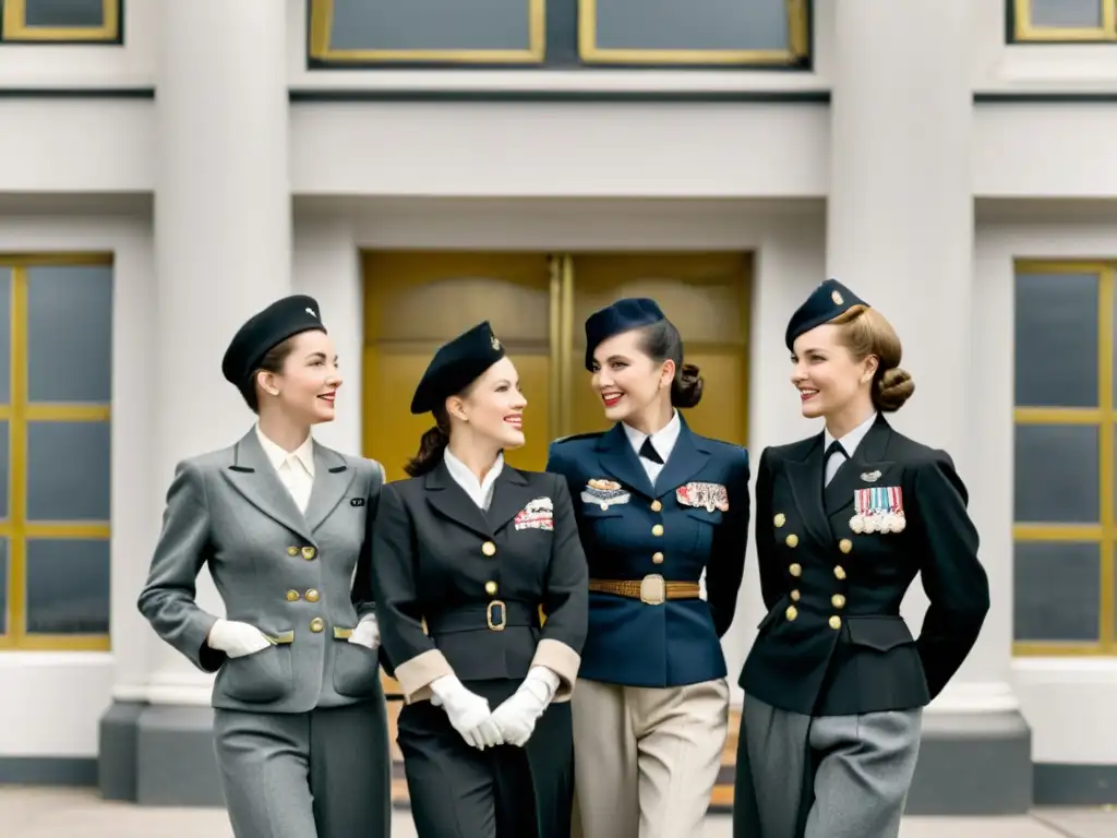 Un grupo de mujeres en moda militar frente a un edificio bombardeado, mostrando el impacto de las guerras mundiales en la moda