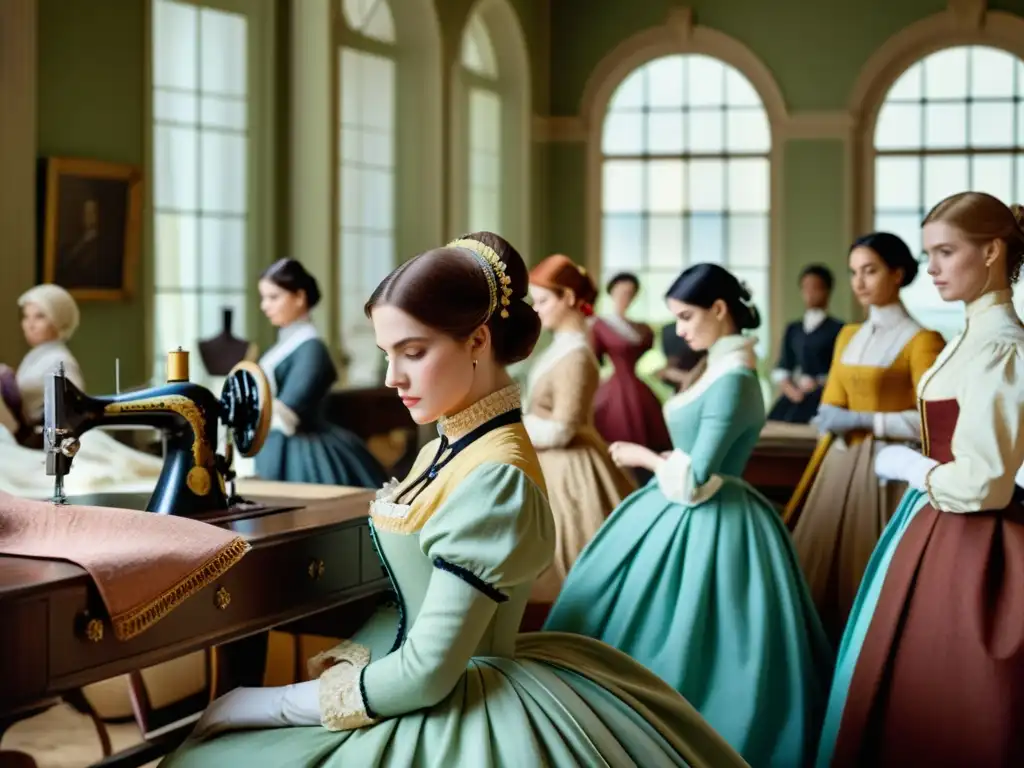 Grupo de mujeres modistas creando moda en un atelier lujoso del siglo XIX, reflejando la esencia de la moda y tendencias de 1800