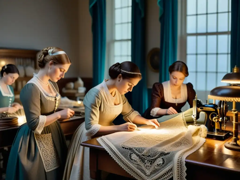 Grupo de mujeres modistas trabajando meticulosamente en un taller de moda victoriano en el siglo XIX, rodeadas de lujosas telas y encajes