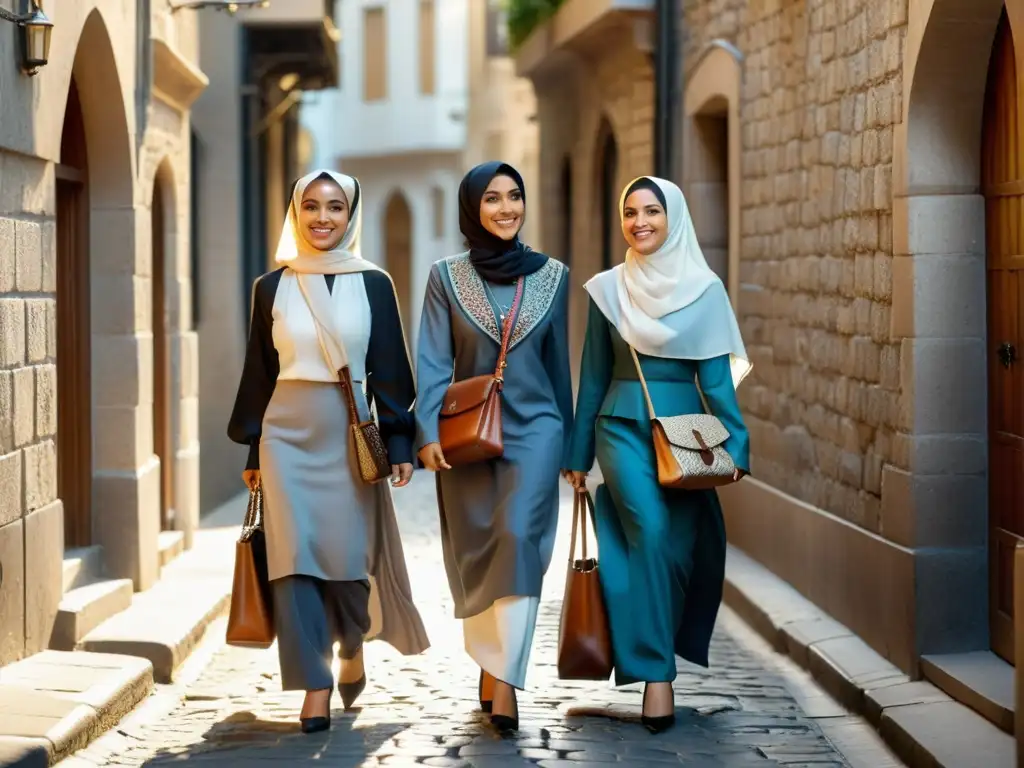 Un grupo de mujeres musulmanas elegantes pasea por una calle empedrada, luciendo hermosos hijabs y ropa modesta pero elegante