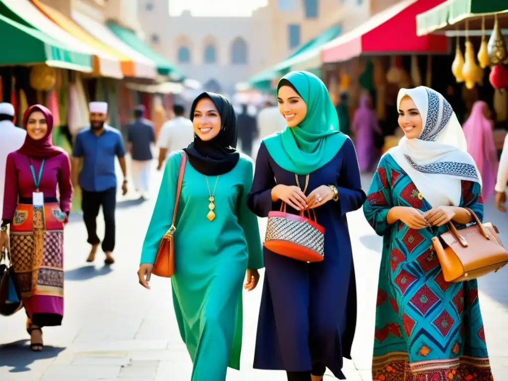 Un grupo de mujeres musulmanas elegantes con hijabs y ropa moderna, paseando por un bullicioso mercado en una ciudad de Oriente Medio