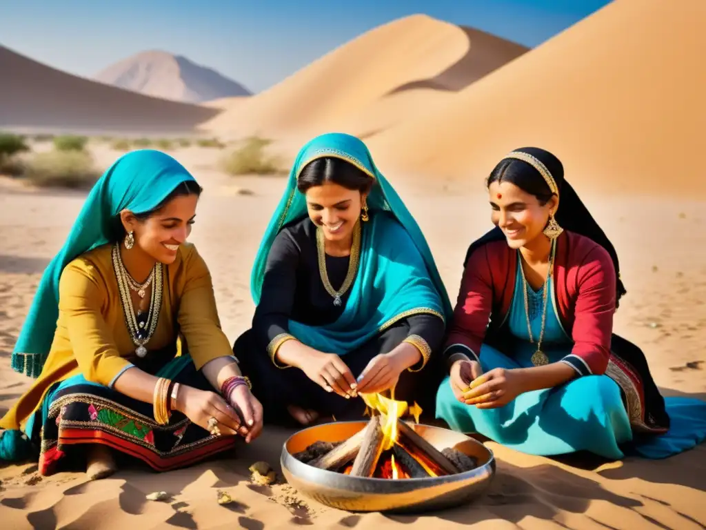 Un grupo de mujeres nómadas en atuendos tradicionales del Medio Oriente, creando textiles en un oasis desértico