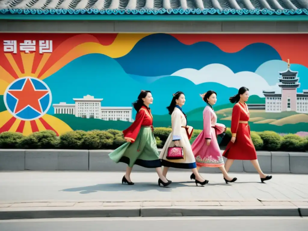 Un grupo de mujeres norcoreanas viste hanbok mientras caminan frente a un mural de propaganda en Pyongyang, mostrando la moda en Corea del Norte