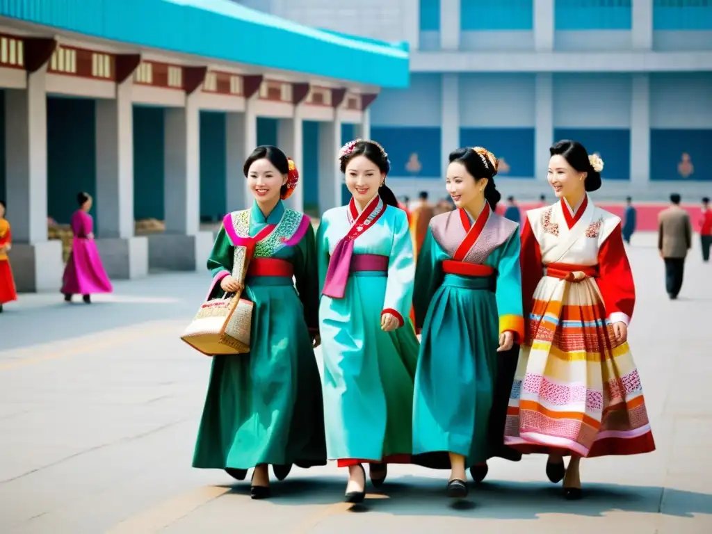 Un grupo de mujeres norcoreanas vistiendo hanbok tradicionales pasea por un bullicioso mercado en Pyongyang, mostrando la moda en Corea del Norte