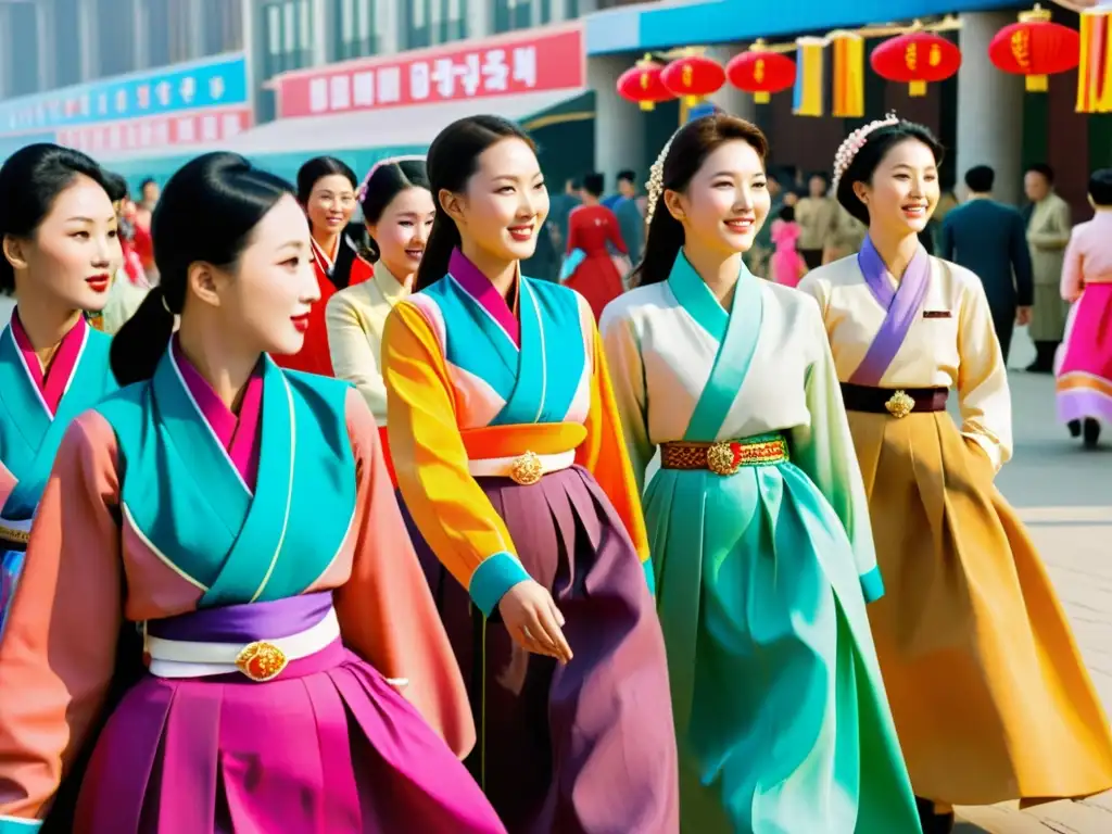 Un grupo de mujeres norcoreanas viste hanbok en un mercado bullicioso de Pyongyang