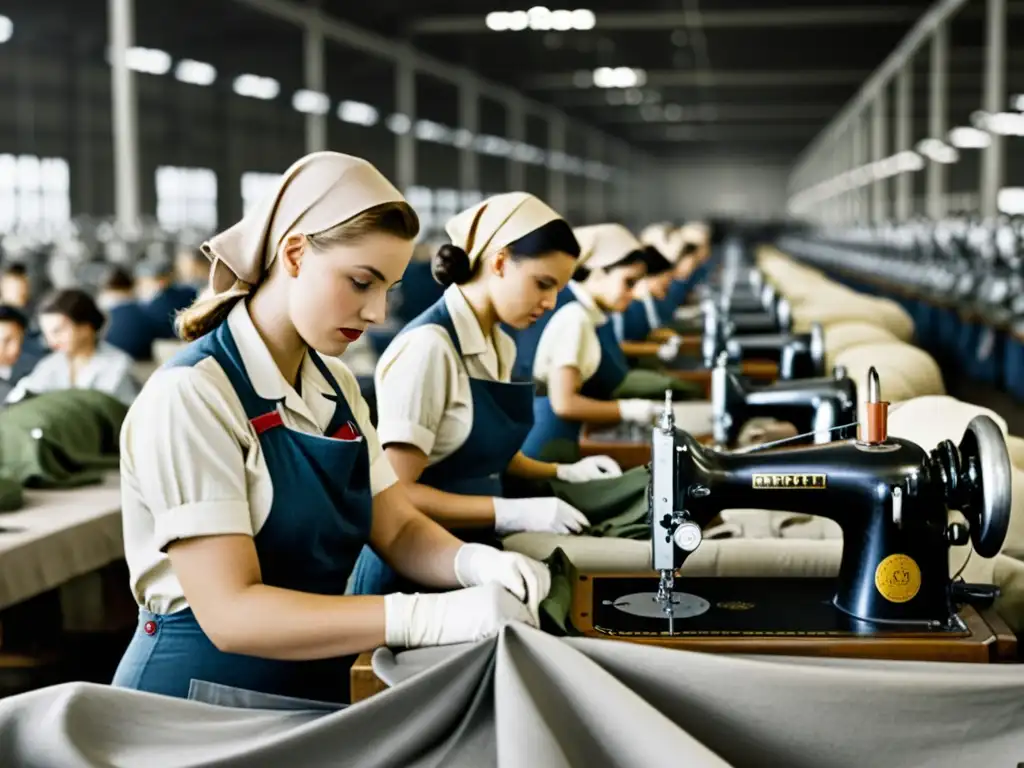 Grupo de mujeres con overoles y pañuelos cosiendo uniformes militares en fábrica durante la Segunda Guerra Mundial, reflejando el impacto de las guerras mundiales en la moda