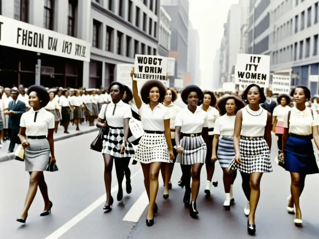 Grupo de mujeres marchando con pancartas por la revolución cultural de los años 60, usando minifaldas y mostrando empoderamiento femenino